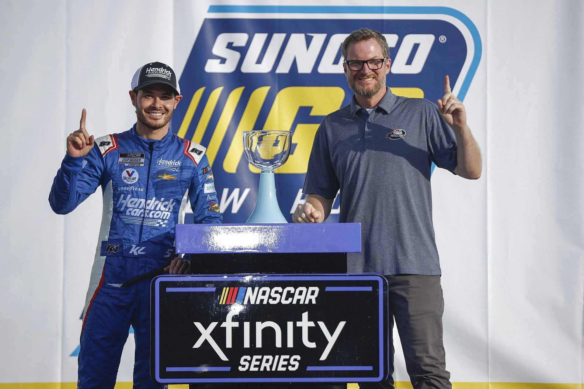 Kyle Larson celebrates with NASCAR Hall of Famer Dale Earnhardt Jr. at The Glen. Source: Getty